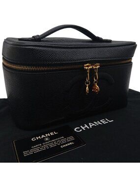 Chanel Caviar Leather Vanity Bag CC Logo Black Bag with Card